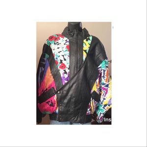 Vintage leather jacket with silk patches